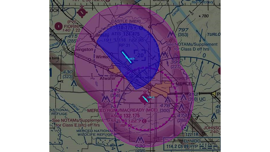 Graphic depicting proposed Class D at Castle Airport (MER) in blue. Class E surface area at Merced Regional/Macready Field Airport (MCE) is depicted in dashed magenta. Overlapping Class E airspace for both Castle and Merced Regional/Macready Field Airport upward from 700 feet above surface is depicted in magenta. Graphic courtesy of FAA.