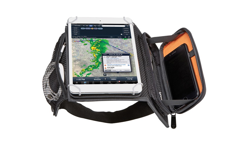 Flight Outfitters designed the iPad Mini Kneeboard with a turntable that allows vertical or horizontal viewing, a side notepad pocket desk, and an accessory pouch for charging cords, sunglasses, or other small items. Photo courtesy of Flight Outfitters.