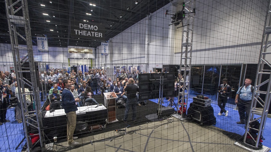 A crowd gathered to watch a drone flight demonstration at Drone World Expo on Oct. 3, 2017. Photo by Jim Moore.