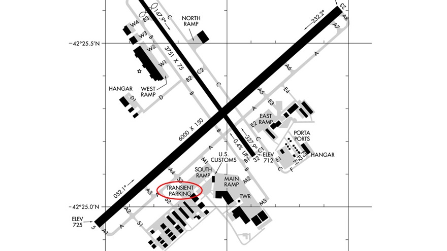 The airport diagram for Waukegan National Airport has been updated to show the transient parking area.