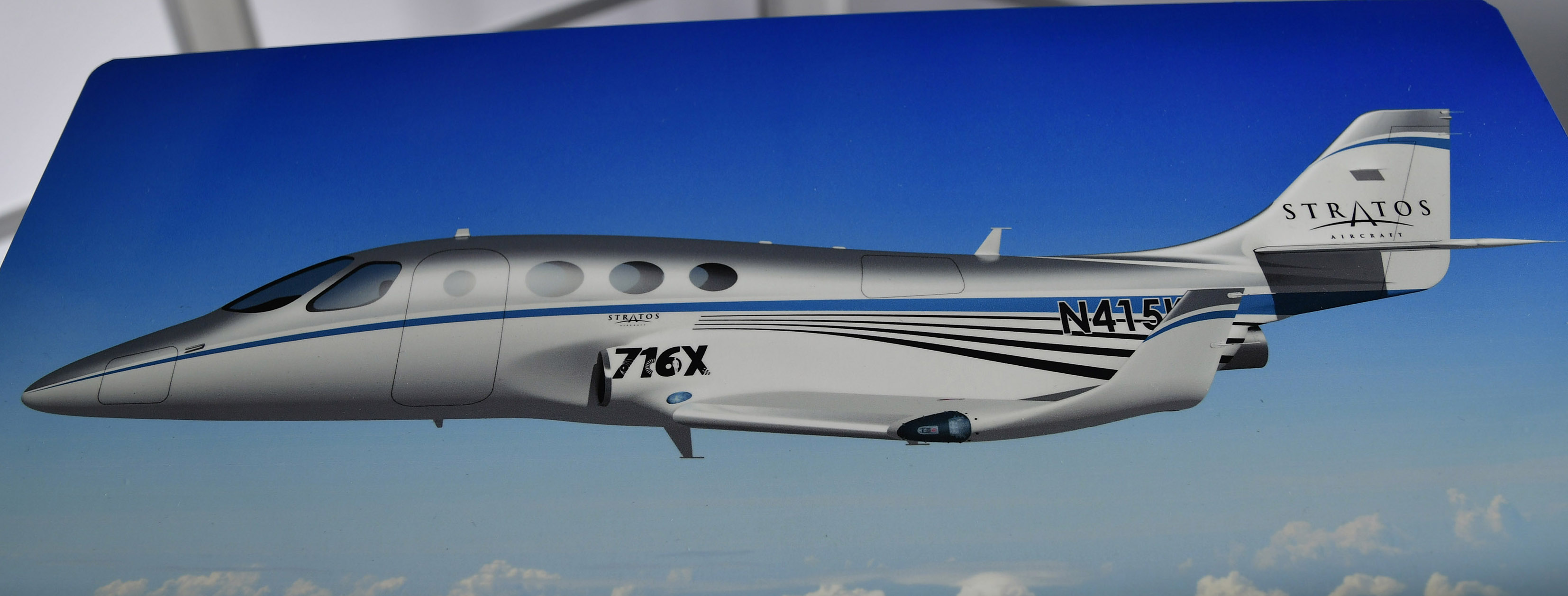 A drawing of a Stratos 716X shows the twin jet's stretched cabin during EAA AirVenture at Wittman Regional Airport in Oshkosh, Wisconsin, July 23, 2018. Photo by David Tulis.