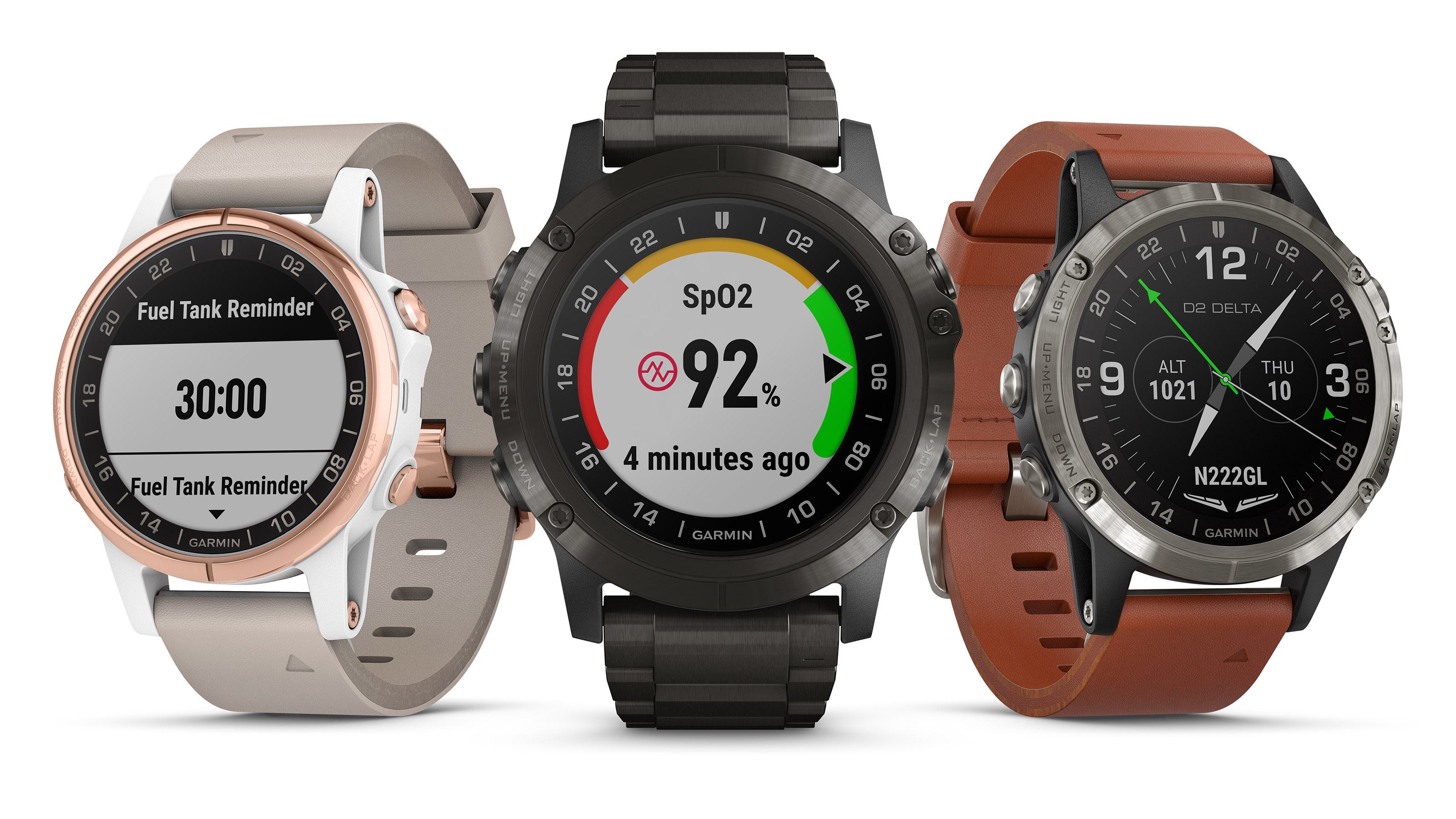 The Garmin Delta D2-series aviator watches include wireless connectivity with certain Garmin avionics, music playlist storage, and other features. The Garmin D2 Delta PX, center, includes a built-in pulse oximeter. Image courtesy of Garmin.