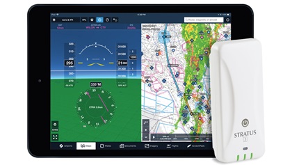 An iPad with ForeFlight is one of popular items pilots pack in their flight bags. An ADS-B In receiver, such as the Stratus 3 shown here, is another recommended item. Image courtesy of Sporty's.