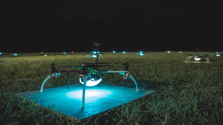 Great Lakes Drone Company created custom aircraft to create its light shows and built in several safety features that helped the firm earn one of the first FAA authorizations to fly multiple drones at night from a single control station. Photo courtesy of the Great Lakes Drone Company.