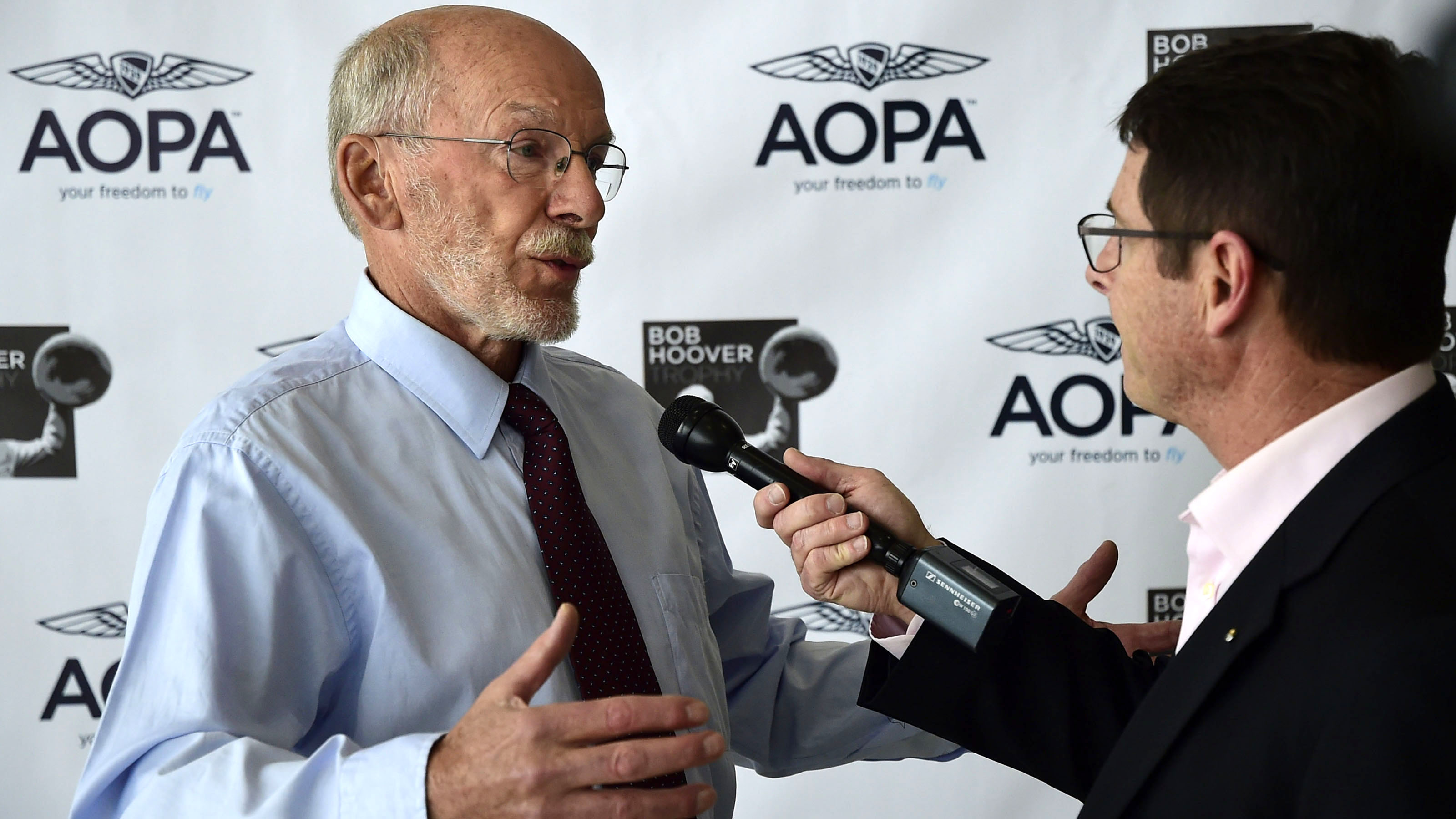 Ron Dearborn of Alaska, the Sharples Award winner, is interviewed for AOPA Live during the third annual R.A. 'Bob' Hoover Trophy reception presented by AOPA in the Terminal A lobby of Ronald Reagan Washington National Airport in Washington, D.C., March 21, 2018. Photo by David Tulis.