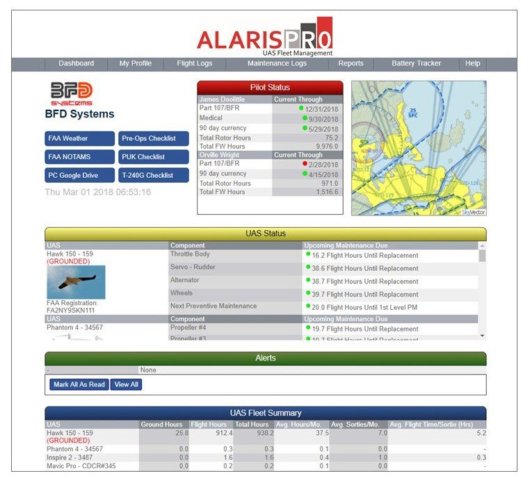Users can customize the AlarisPro dashboard to suit their particular operation, tracking each drone’s operation and maintenance history in detail. Image courtesy of AlarisPro.