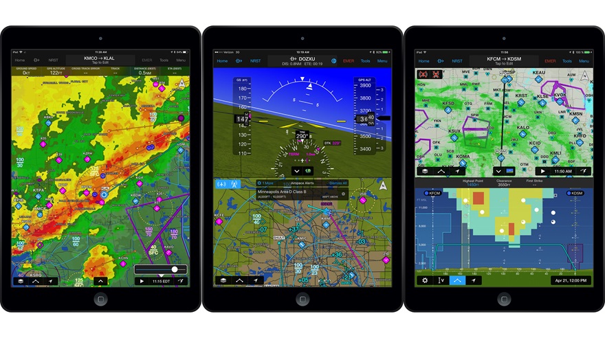 With the version 9.3 update, Garmin Pilot for iOS now includes new features to enhance a pilot's storm awareness (left) airspace awareness (center), and icing awareness (right). Images courtesy of Garmin.