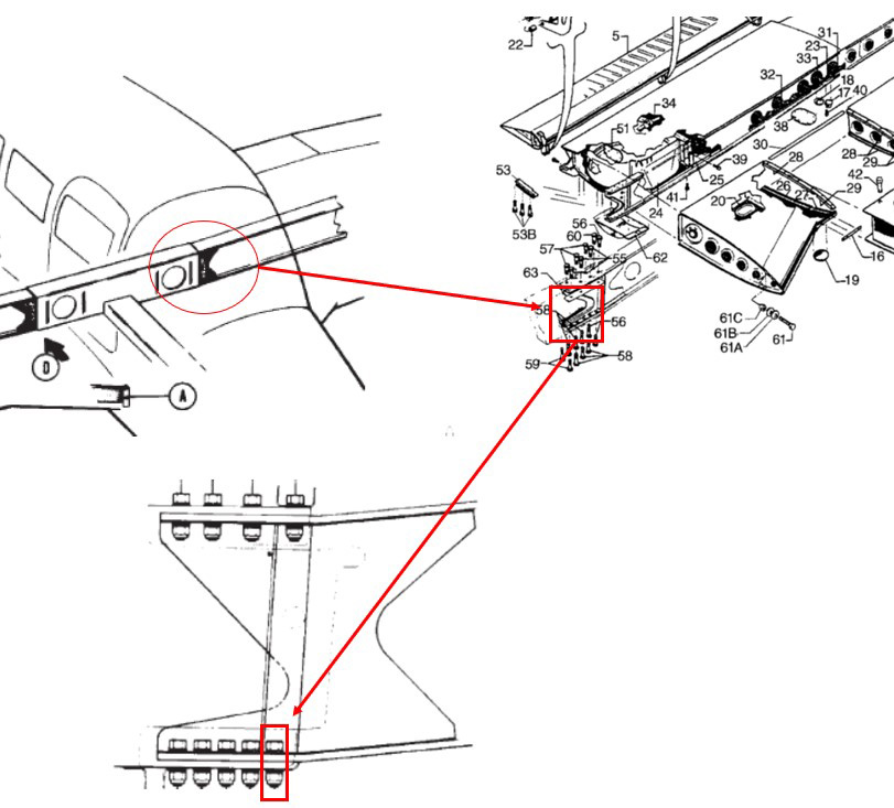 This NTSB graphic highlights the left-wing assembly and attachment bolt for a Piper PA-28R-201. The NTSB is investigating the April 4 crash of a Piper PA-28R-201 that killed two people near Daytona Beach, Florida. The wing spar attachment bolt hole is an area of interest to the NTSB in its investigation. NTSB graphic created from illustrations in the Piper Aircraft, Inc., PA-28-R-201 Arrow, Airplane Parts Catalog, and the Piper Aircraft Inc. PA-28R-201 Arrow Maintenance Manual.