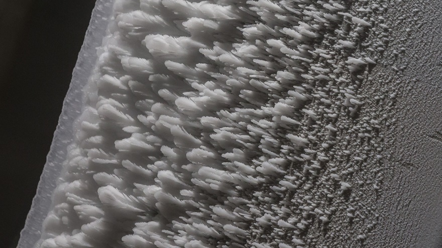 Ice formations at the NASA Glenn Research Center's Icing Research Tunnel. Photo by Mike Fizer.