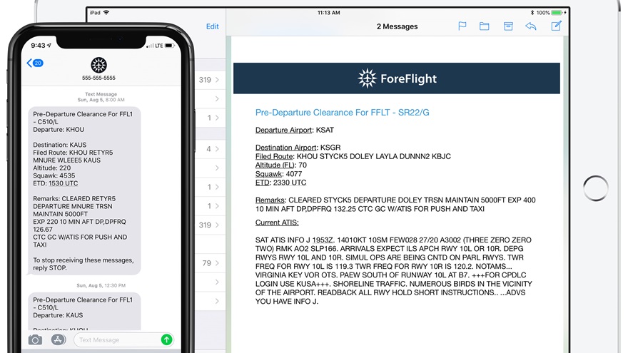 ForeFlight mobile users can now receive pre-departure clearances and weather via text message. Image courtesy of ForeFlight. 