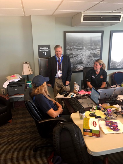 U.S. Sen. Lindsey Graham (R-S.C.) at Spartanburg Downtown Memorial Airport, a staging facility for Hurricane Florence relief. Photo courtesy of Terry Connorton.