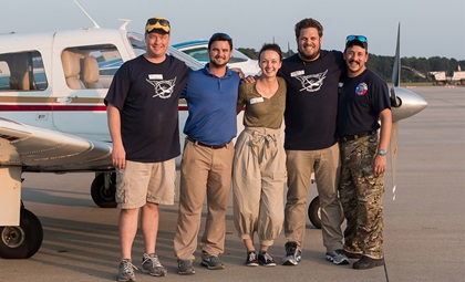 The Operation Airdrop team of Brian Kelly, Brian Rambo, Allison Hoyt, Trey Thriffiley, and Ethan Garrity coordinated hundreds of general aviation compassion flights from Raleigh Durham International Airport during the aftermath of Hurricane Florence. Photo courtesy of Shannon Kelly/Operation Airdrop.