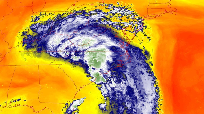 A National Oceanic and Atmospheric Administration infrared satellite image shows the remnants of Hurricane Florence lingering Sept. 16 over North Carolina, South Carolina, and Virginia. NOAA image.