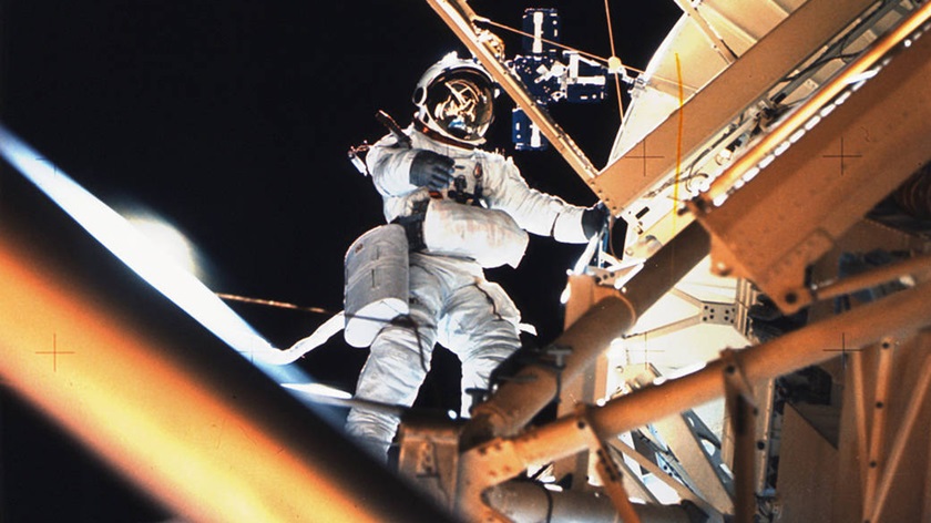 Astronaut Owen Garriott performs a spacewalk at Skylab's Apollo Telescope Mount during Earth orbit. He had just deployed the Skylab Particle Collection S149 Experiment mounted on one of the solar panels designed to collect material from interplanetary dust particles. Photo courtesy of NASA.