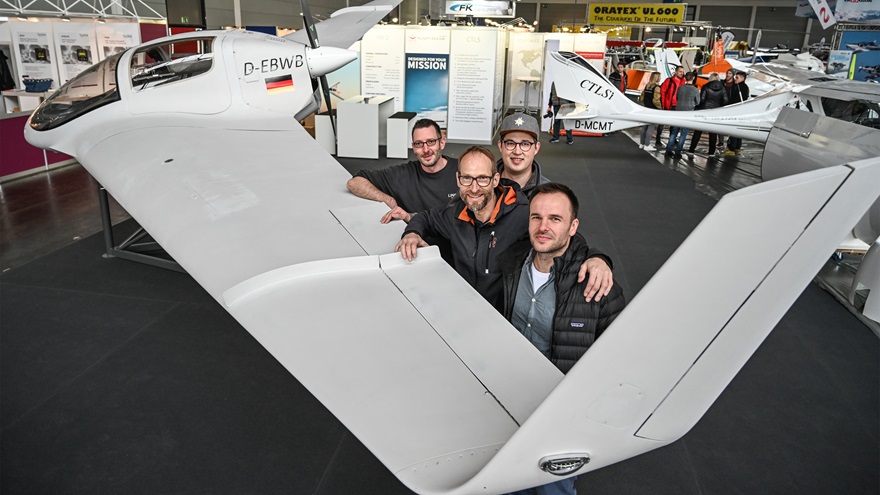 Members of the Horten Aircraft Team, including Silivio Hungsberg, Gunnar Maas, Bernhard Mattlener, and Filip Piskorzynski, present the Horten Aircraft HX-2 flying wing. Photo courtesy of Aero Friedrichshafen.
