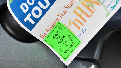 This sticker on a propeller card at the 2019 Sun 'n Fun International Fly-In and Expo shows that enough judges have evaluated the aircraft. At least four judge classic aircraft. Photo by Mike Collins.
