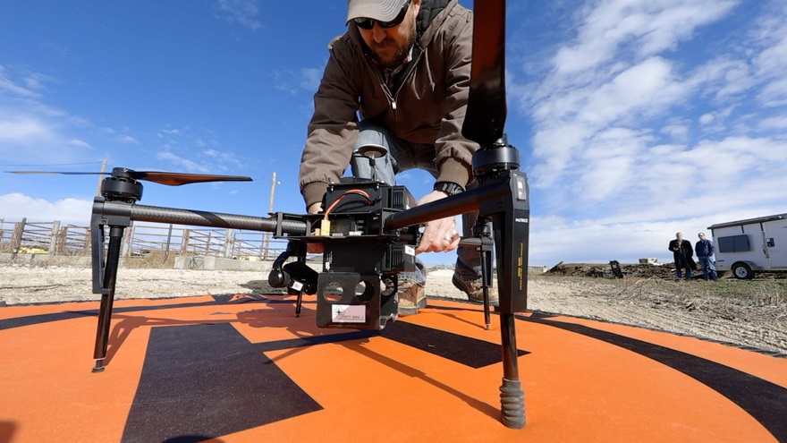 A DJI Matrice drone equipped with a thermal imaging camera is prepped for takeoff at a research feedlot in Texas. Photo courtesy of Texas A&M University.