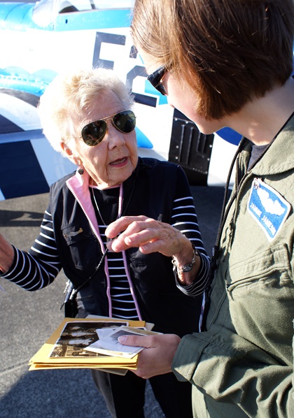 Dorothy Olsen meets with U.S. Air Force Capt. Jammie Jamieson, the first operational and combat-ready female pilot of the F-22 Raptor, in 2008. Photo courtesy of Staff Sgt. Oshawn Jefferson, U.S. Air Force.