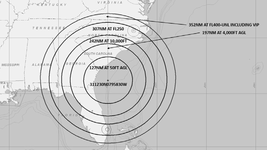 This FAA graphic shows locations and altitudes where GPS interference testing scheduled for Aug. 30 and Sept. 5 could affect GPS-based aircraft navigation and ADS-B operation.