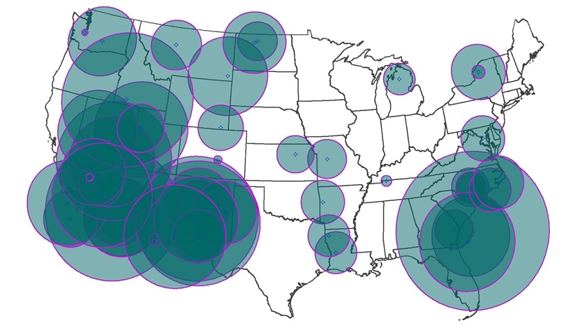 These are all the locations where intentional GPS interference has been conducted by the Department of Defense in 2019, with the 4,000 foot agl impact radius depicted. AOPA created the image using MITRE's TARGETS software.