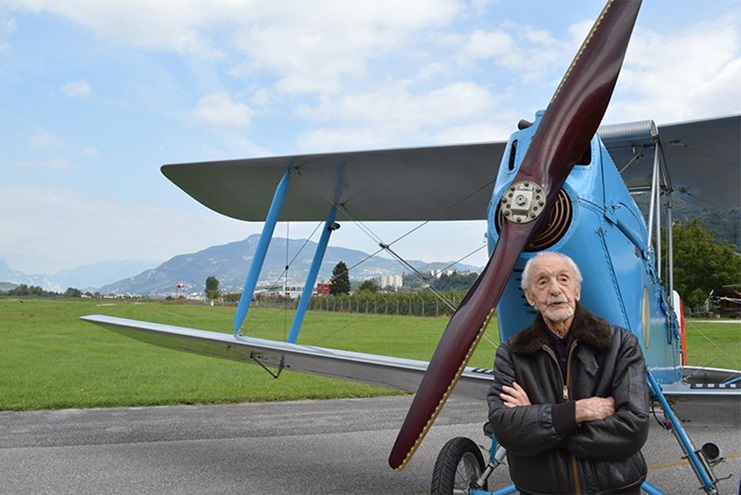Pilot and retired decorated Italian Air Force pilot Francesco Volpi prepares to celebrate his 100th birthday in 2014 with a flight in a Caproni Ca.100 replica in Trento, Italy. Volpi was believed to be one of the oldest active pilots when he died at age 105 on November 19, 2019. Photo courtesy of Luca Perazzolli.