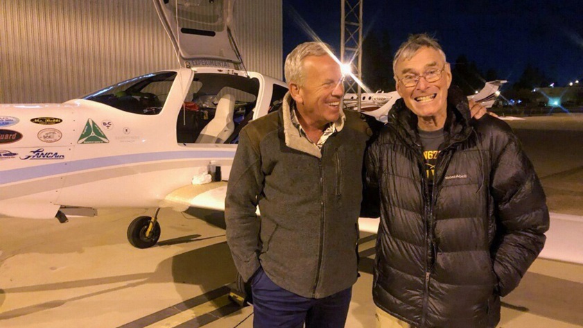West-bound world speed record-seeking pilot Bill Harrelson is met by fellow Earth-rounder pilot Adrian Eichhorn at California’s Ontario International Airport December 15. Photo courtesy of Adrian Eichhorn.