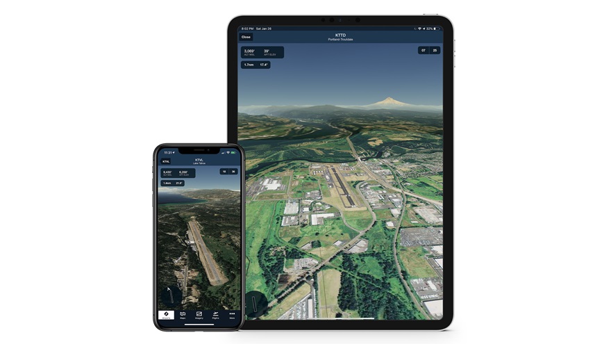 The ForeFlight Airport 3D view demonstrated on different devices. Graphic courtesy of ForeFlight.