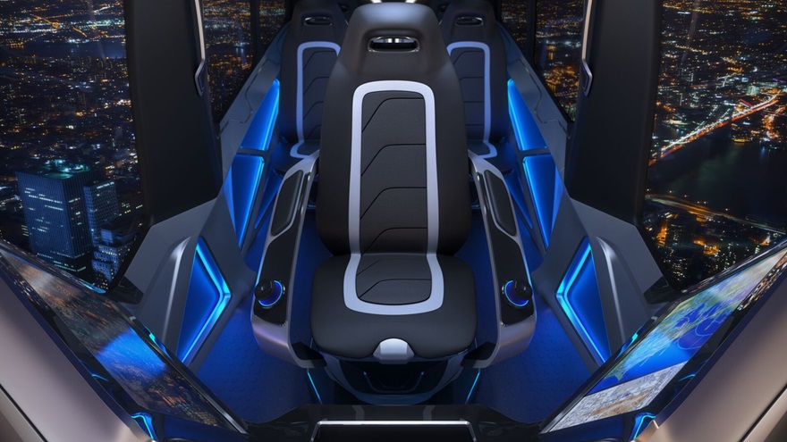 This rendering of the Bell Nexus cabin concept design includes a seat for a pilot with a stick for each hand. Image courtesy of Bell. 