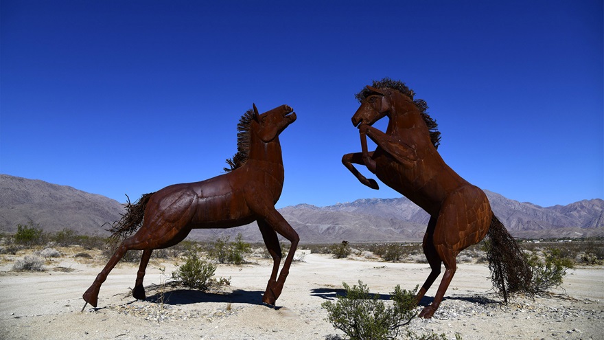 Horse sculptures fashioned by metal artist Ricardo Breceda dot the California desert as it unfolds near the Santa Rosa Mountains on the road to Borrega Springs. Photo by David Tulis.