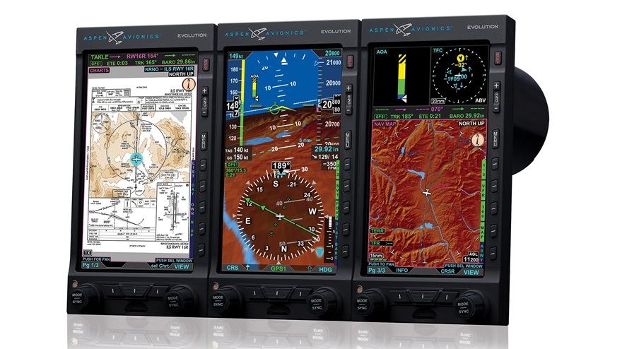 Aspen Avionics has secured FAA supplemental type certificate approval for an upgraded line of Evolution MAX primary and multifunction displays, which can be configured as stand-alone steam gauge replacements, or as a pair, or set of three for a complete glass cockpit solution. Photo courtesy of Aspen Avionics. 