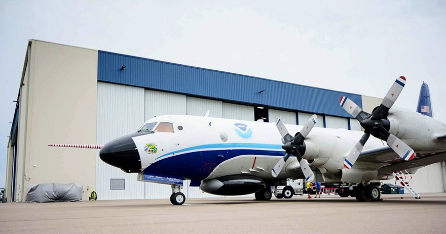 The National Oceanic and Atmospheric Administration operates a fleet of hurricane hunter aircraft from Lakeland Linder International Airport in Florida including two four-engine, propeller-driven Lockheed WP-3D Orions. Photo courtesy of NOAA.