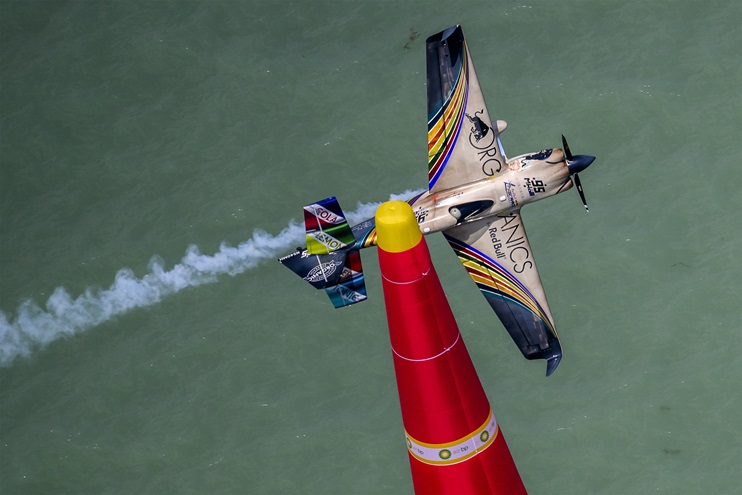 Matt Hall of Australia performs during finals at the third round of the Red Bull Air Race World Championship at Lake Balaton, Hungary. Photo courtesy of Joerg Mitter, Red Bull Content Pool.