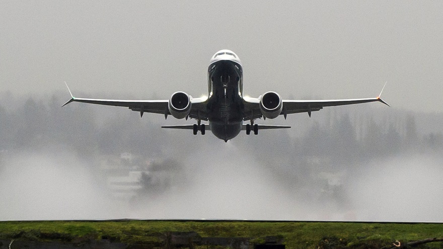 A Boeing 737 MAX-8 takes off from Renton Field, in Washington. Photo courtesy of Boeing Co.