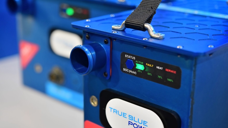 True Blue Power introduced new lightweight Gen5 lithium-ion aircraft batteries with integral monitoring during HAI Heli-Expo 2019 in Atlanta. They reduce battery maintenance by more than 90 percent. Photo by Mike Collins.