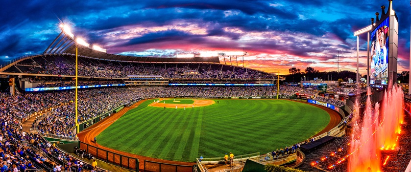 Two of the most recognizable features of Kauffman Stadium are the scoreboard featuring a crown and the massive fountains just beyond outfield. The Kansas City Royals have played 13 World Series games at The K in 1980, 1985, 2014, and 2015. Photo by Jason Hanna/VisitKC.