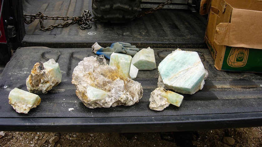 In 2007, Frank Perham and Barry Heath mined some impressive beryl crystals in Buckfield, Maine. Photo by Dan Namowitz.