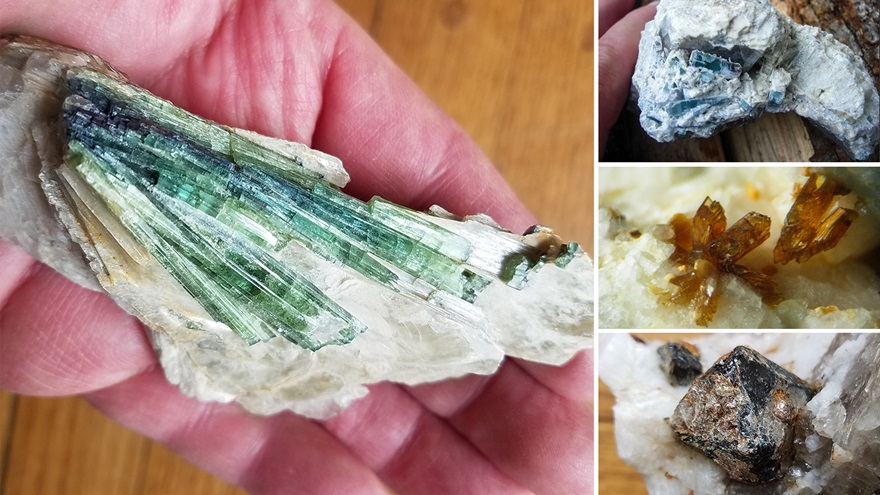 Specimens of tourmaline (left and top right), eosphorite (center right) and gahnite (bottom right) found in some of Maine’s world-famous mining sites. Photos by Dan Namowitz.