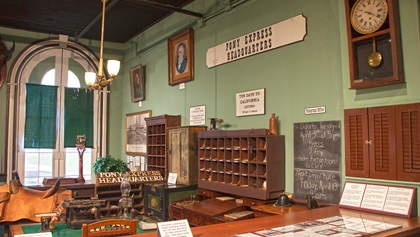 Now the Patee House Museum in St. Joseph, Missouri, a replica of the Pony Express headquarters has returned to its original location with artifacts and placards. Legend has it that horse and rider rode right into the office to pick up the mail to start the 1,966-mile trek to California. Photo by MeLinda Schnyder.