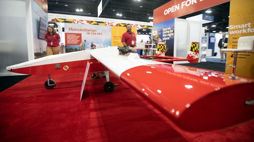 Large UAS like this Tigershark (maximum takeoff weight of 350 pounds), displayed in 2018 by the University of Maryland at AUVSI Xponential, are systems of the general type to be included in an FAA detect-and-avoid pilot advisory system study being undertaken in June in Oklahoma City. Jim Moore photo.