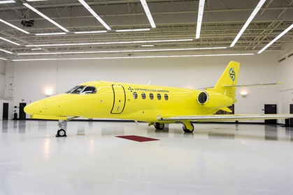 A yellow Cessna Citation Latitude configured as an air ambulance was delivered to Babcock Scandinavian Air Ambulance. Photo courtesy of Jeffrey D. Hetler, Textron Aviation.