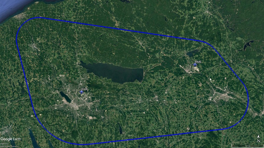 The lateral boundaries of a 50-mile test corridor for unmanned aircraft in upstate New York include the controlled airspace around airports in Syracuse and Rome. Google Earth image with overlaid data provided by NUAIR. 