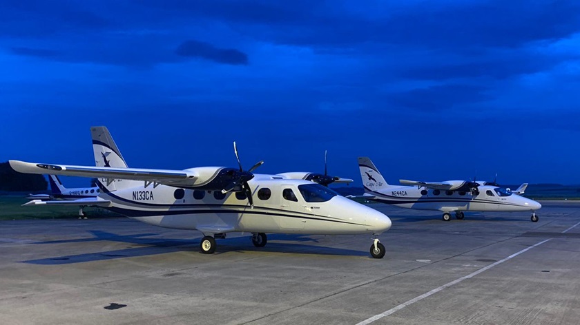 The first two Tecnam P2012 Travellers on the ramp in Scotland. Photo courtesy of Tecnam.