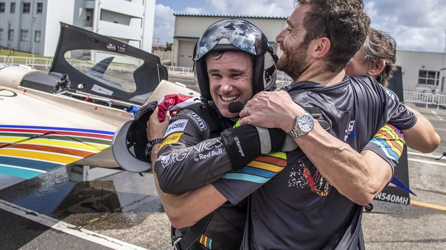 Matt Hall celebrates with his team in Chiba, Japan, after winning his first Red Bull Air Race World Championship on Sept. 8. Photo by Joerg Mitter/Red Bull Content Pool.