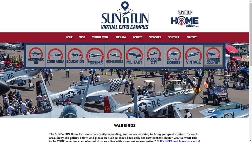 Sun 'n Fun Home Edition includes every section of the displays you’ve come to expect to see: Vintage, Homebuilt, Aerobatic HQ, Warbirds, and Paradise City. Image courtesy of Sun 'n Fun Aerospace Expo.