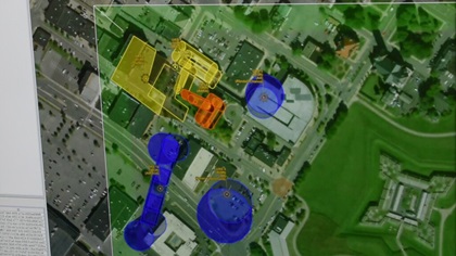 Recent tests of remote identification and unmanned aircraft traffic management systems were declared a success. This photo of an operation shows "conforming" unmanned aircraft operation volumes in blue, "non-conforming" operations in yellow, and "contingent or rogue" operations in orange. Photo courtesy of Northeast UAS Airspace Integration Research.