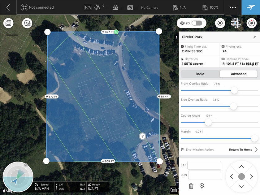 A screen grab of DJI Ground Station Pro on an iPad shows one of the two flight grids flown to produce the images for 2D and 3D models using the WebODM web interface. Image by Zach Ryall.