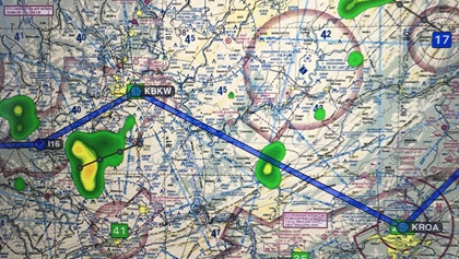 The view of the route and weather after landing at Raleigh County Memorial Airport  in Beckley, West Virginia. It was a memorably poor choice to fly 40 miles over mountainous terrain with little weather information, which led to a feeling of being trapped between rising terrain, lowering cloud conditions, and developing rain showers. Photo by Chris Eads. 