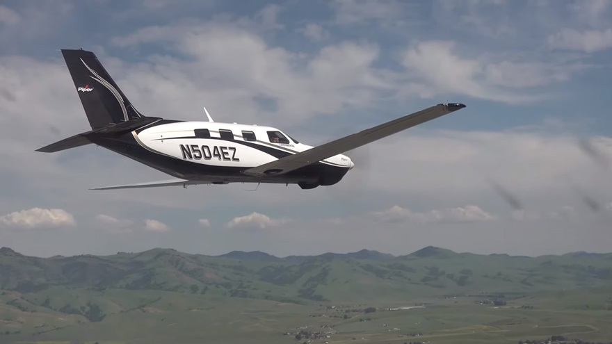 ZeroAvia flew a Piper M350 powered by batteries in 2019, and plans to fly a similar aircraft with hydrogen fuel cell power in 2020. Photo courtesy of ZeroAvia via YouTube.
