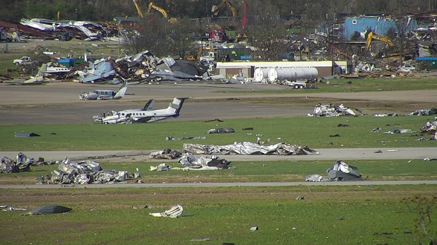 A tornado damaged hangars and aircraft at Jonesboro Municipal Airport in Arkansas. Photo courtesy of StormPoint Emergency Response.