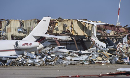 Aircraft and structures at John C. Tune Airport in Nashville were crushed by an overnight tornado that brought a path of destruction and loss of life to the area on March 3. Photo by Harrison McClary.